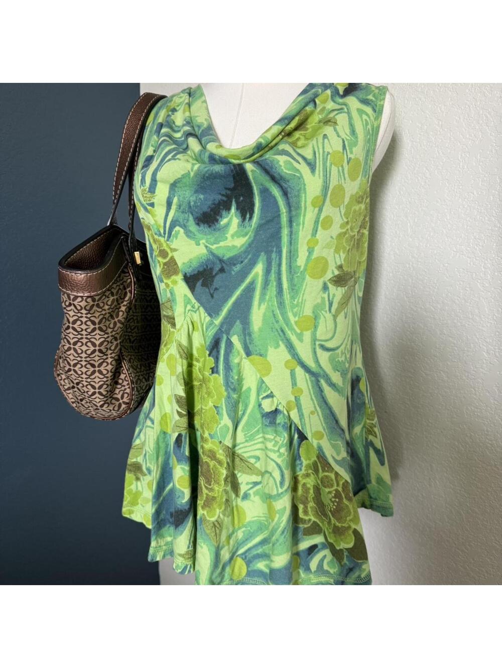 Vintage Y2K 100% Cotton Cowl Neck Flowy Green Tank Top, Small